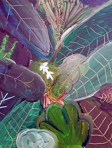 Acrylic painting of leaves on canvas depicting close up of different leaves with subtle hues of reds and greens