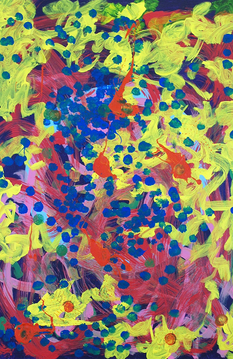 Abstract painting with evenly layered brushstrokes of bright yellow, pink, green and red over a dark purple background with clusters of dark blue spots.