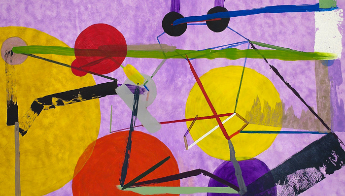 Abstract painting with large red, yellow, and purple circles, connected by multi-colored lines over a hazy purple background.