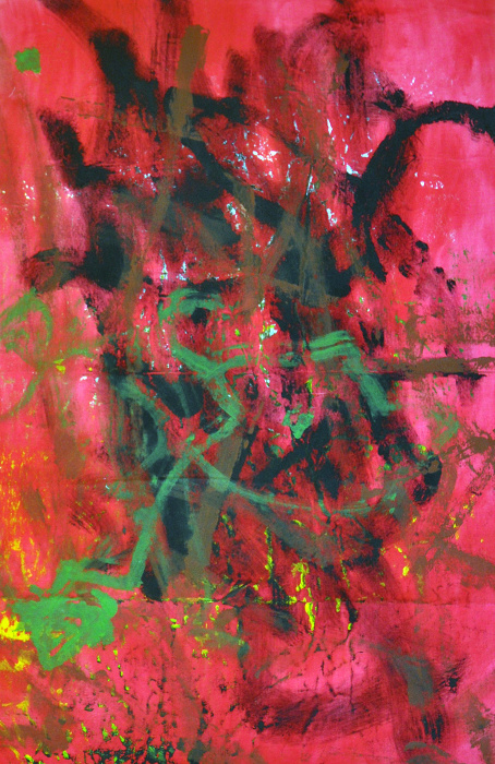 Abstract painting with overlapping and prominent brushstrokes of black and green, over a red background.