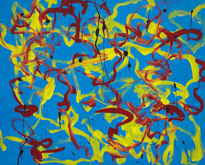 Abstract painting with interweaving red and yellow brush strokes, accented by thin, vertical, black drips of paint over a bright blue background.