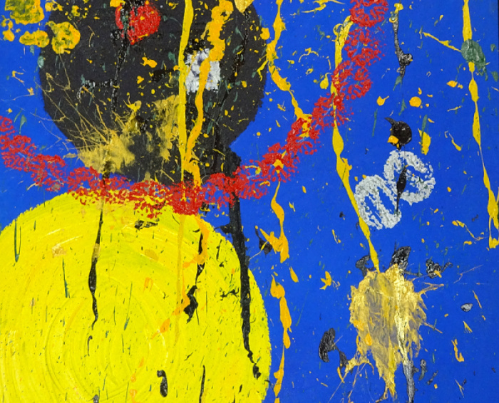 Blue canvas with a large yellow circle in the lower left corner and a slightly smaller black circle just above it which is surrounded by a large red ring - small splashes of yellow and gold are throughout the painting.