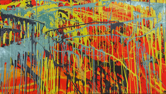 Red canvas with drips of black, turquoise, and yellow streaming down the painting.